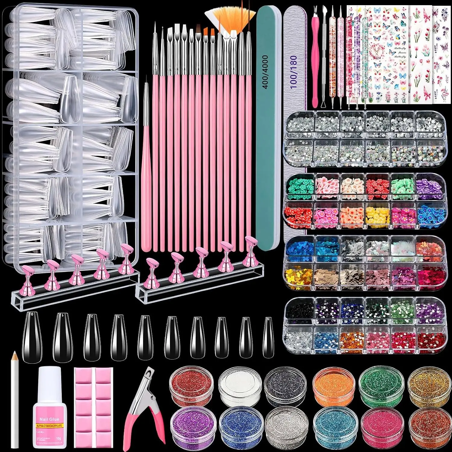 Acrylic Fake Nails Kit Press On Nail Kit with Clear Coffin Nail Tips Nail Display Stand Sequins Sticker Rhinestones Decorations Nail Glue Nail Clay Fine Glitter DIY Nail Art Tool and SuppliesGift.
