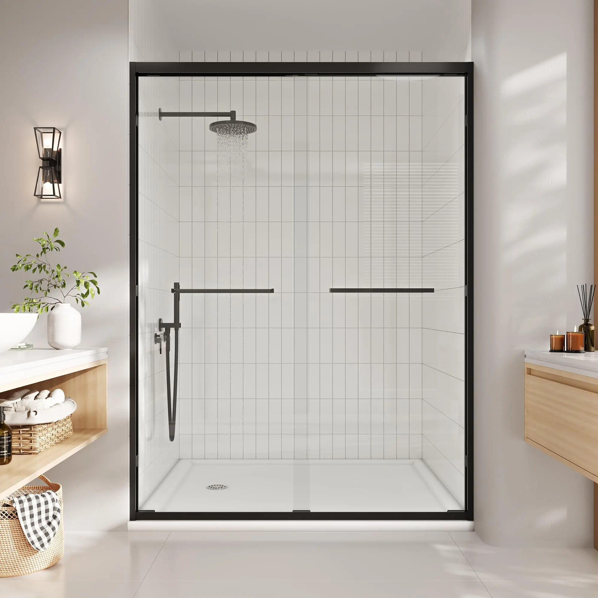 44-48 in. w x 72 in. h Semi-Frameless Double Sliding Shower Door, Clear Tempered Glass, Matte Black Frame for Walk-in Shower, Space-Saving Solution for Tight Bathrooms 6MM
