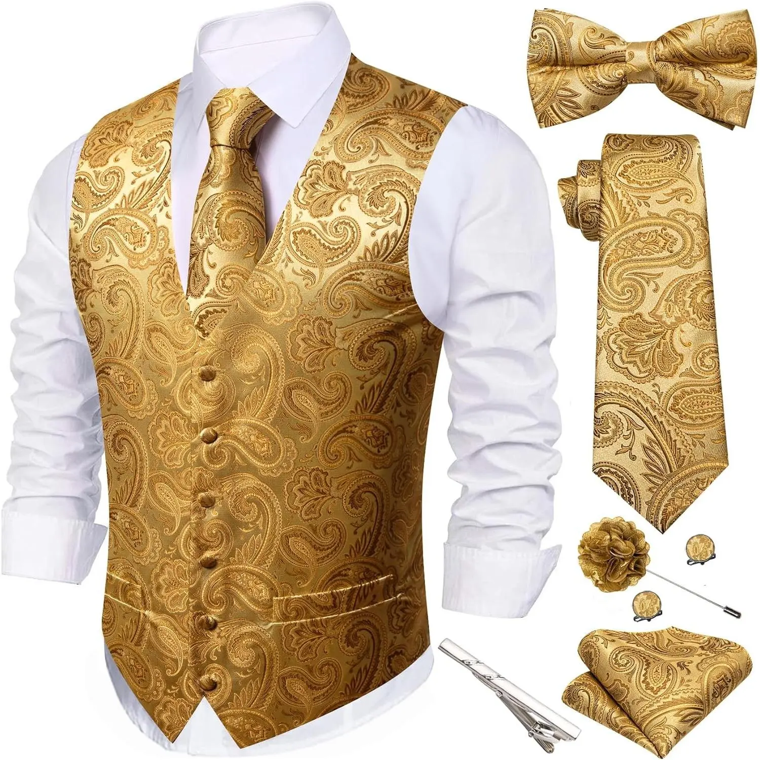 Men's Formal Silk Paisley Suit Vest Tie Bowtie Set with Hanky Cufflinks Lapel Pin - 7PCS Wedding Party(Gift)