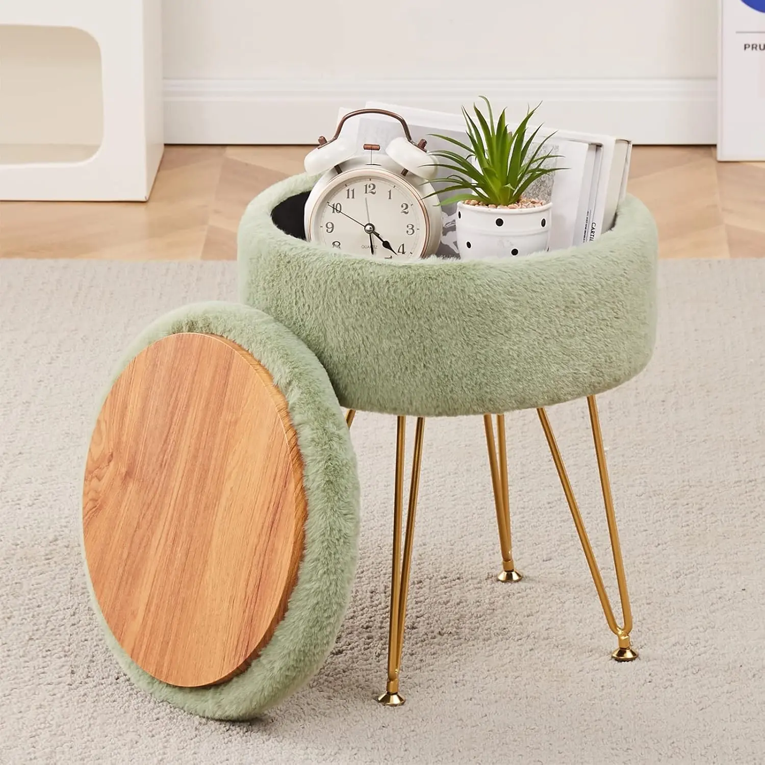 Footrest Footstools Round Faux Fur Ottoman with Storage Space Soft Vanity Chair Seat Coffee Table Ottoman Small Side Table with Adjustable Footings (Green)