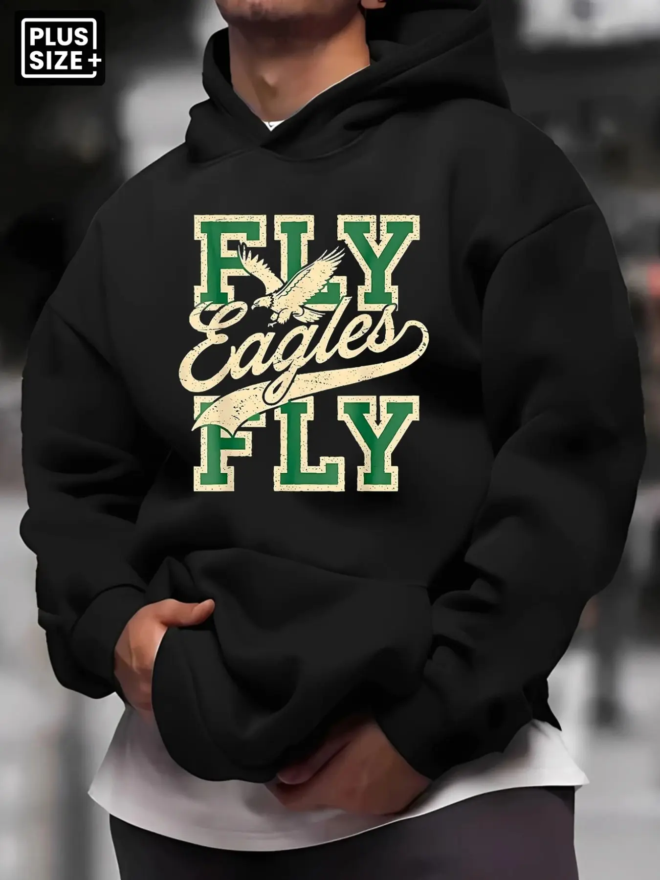 Men Plus Size Eagles Team Fans Vintage Distressed Fly Eagles Fly Eagle Graphic Hoodie, All Seasons Spring Summer Autumn Winter For Daily Trip Street Styling Game Day Sports Watch Party Oversized Loose Fit Long Sleeve Pullover Hooded Sweatshirt Gothic Retr