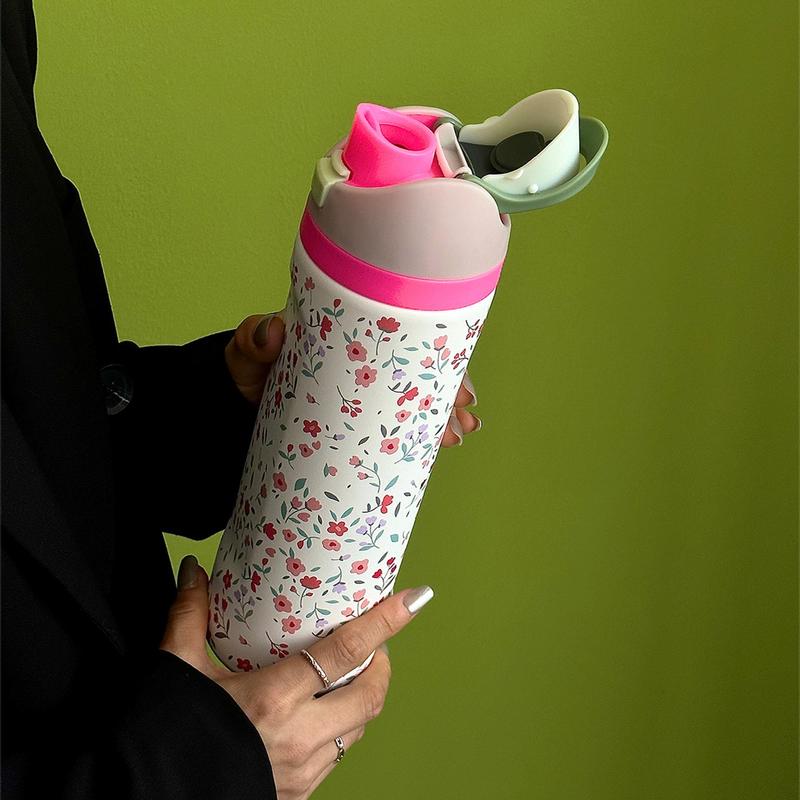 Floral Pattern Stainless Steel Vacuum Flask, 1 Count 24oz-32oz-40oz Water Bottle with Straw, Stainless Steel Thermos, Drinking Cup for Home Office School Outdoor, Portable Drinkware, Insulated Mug, Leakproof Insulated Tumbler