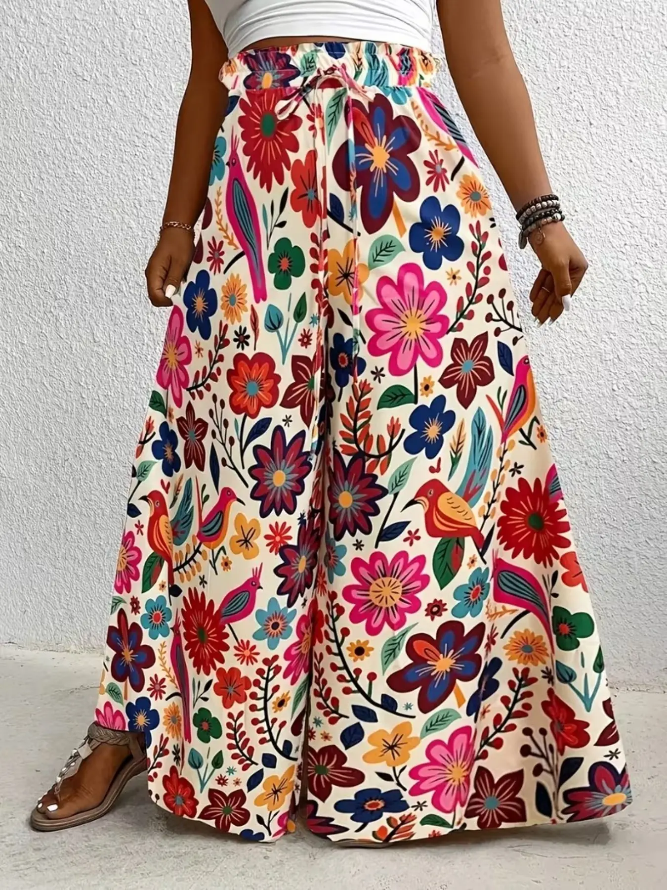 Plus Size Floral Print Wide Leg Trousers Casual High Waist Loose Pants, Basic Daily Bottoms, Relaxed Fit Casual Ensembles, Stylish Drawstring Flowy Beach Wear
