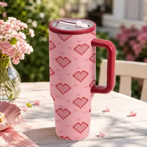 1pc Mikenda Sublimation 40oz Pink Pixel Heart Travel Tumbler with Handle and Lid, Cute Valentine Love Pattern Insulated Water Cup, Reusable Coffee Mug for Women Girls, Office Car Daily Use Gift