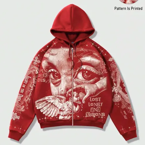 【Black Friday】Men's Y2K Retro Streetwear Hoodie, Vintage Graphic, Casual Oversized Loose-Fit Style, Angel Wings Graffiti Print, Zip-Up Sweatshirt, Dark Fashion Trendy Hooded Top