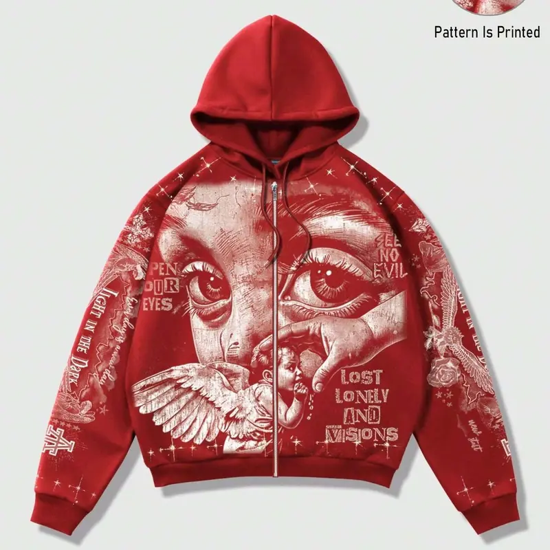 【Black Friday】Men's Y2K Retro Streetwear Hoodie, Vintage Graphic, Casual Oversized Loose-Fit Style, Angel Wings Graffiti Print, Zip-Up Sweatshirt, Dark Fashion Trendy Hooded Top