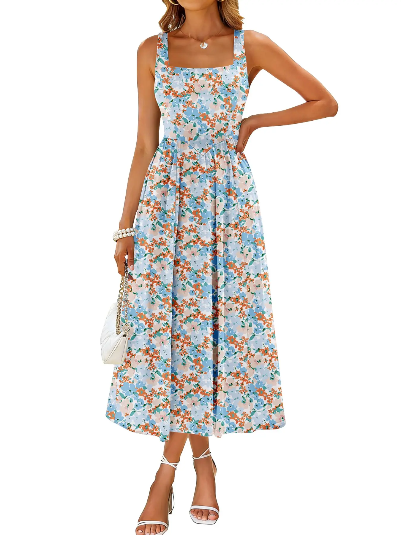 Summer Autumn Sleeveless Square Neck V-Back A-Line Midi Dress with Pockets, Casual Floral All-Over Print, Unlined, Plain Surface, China Origin