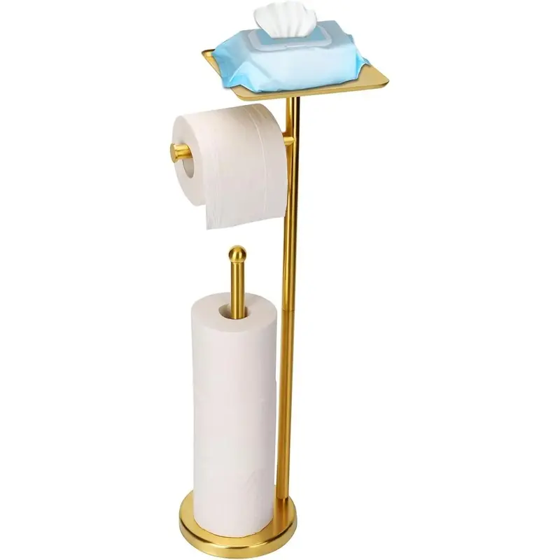 Toilet Paper Holder , Freestanding Toilet Paper Stand with Shelf for Small Items, Toilet Paper Holder with Storage Space for 4 Extra Toilet Paper Rolls (Stainless Steel Base, )