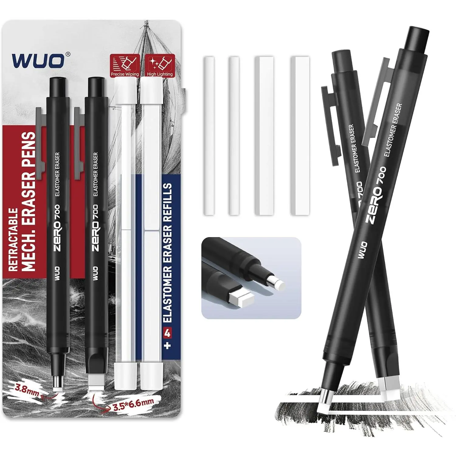 Pen Style Eraser Set, Round & Square Tips, 2 Eraser Pens with 4 Refills | Black, TPE material, round and square tips, for drawing, sketching, drafting, schoolwork, office notes, and detail erasing