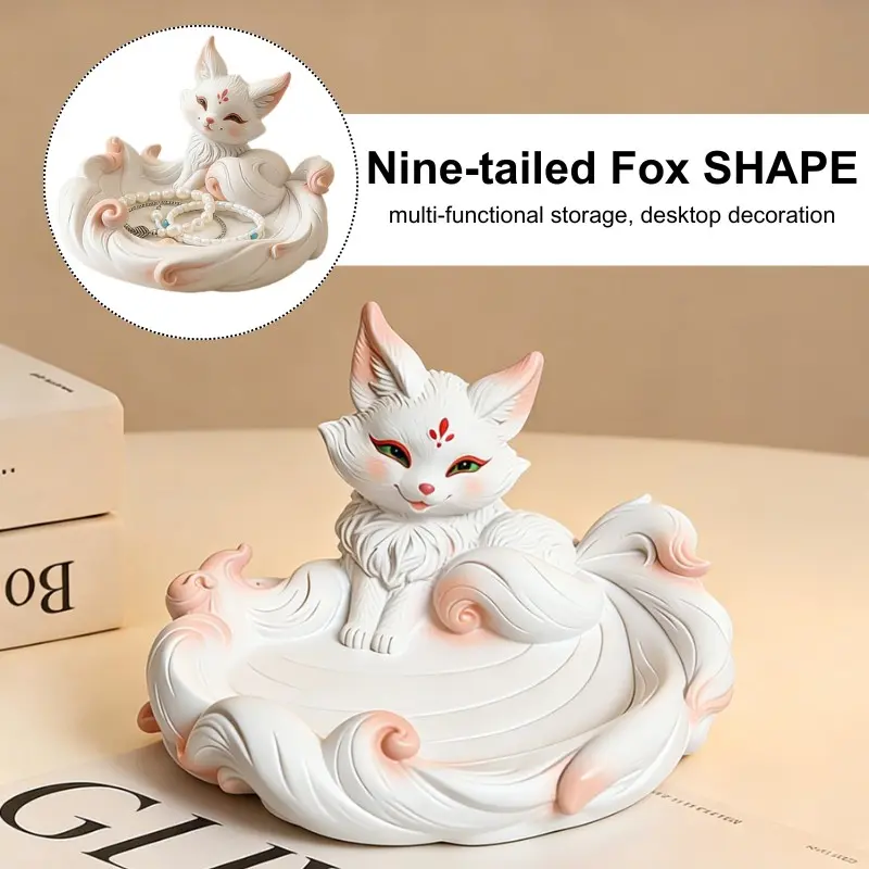 Elegant Nine-Tailed Fox Collectible Figurine, Decorative Figurines, Streamlined Fantasy Statue with Storage Tray, Home Office Desktop Decor, Thoughtful Halloween Gift for Fantasy Lovers
