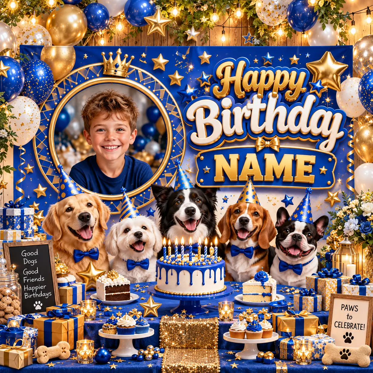 Custom Photo & Name Personalized Boy & Dog Birthday Backdrop, Royal Blue Puppy Party Decoration, Birthday Photo Booth Background