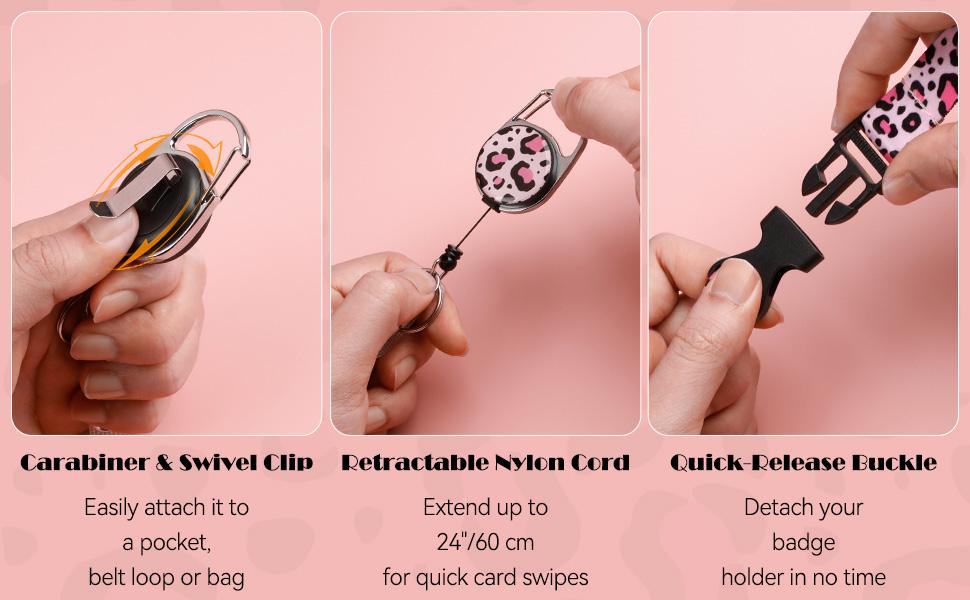 Fashionable Sliding Badge Holder Pink Leopard Print Plastic Card Holder with Retractable Badge Reel Carabiner & Detachable Lanyard Vertical Card Protector for Office Worker Teacher Student