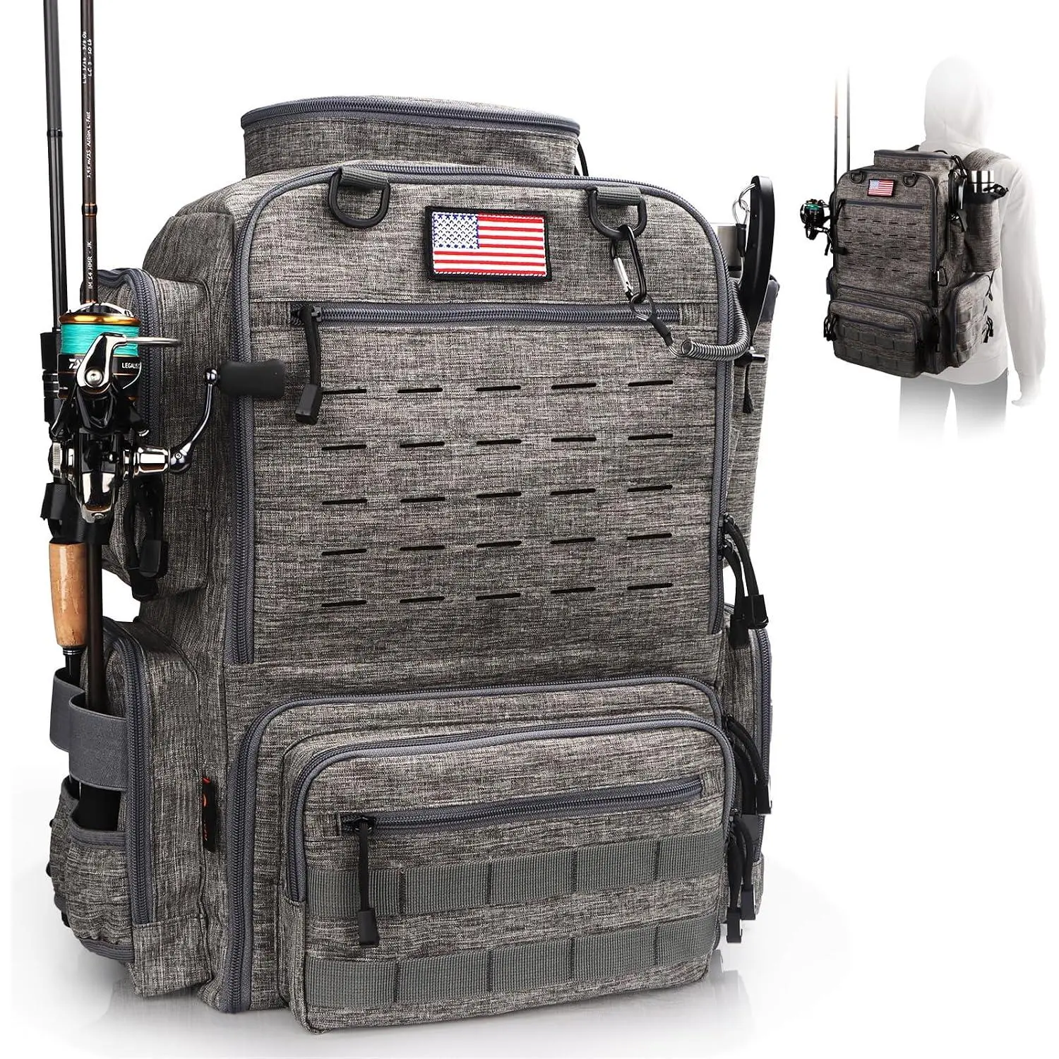 Fishing Backpack, Fishing Tackle Backpack with Rod Holders for 4 Boxes (Box Not Included) 45L  Fishing Gear, Ideal for Men and Women Tackle Box Bag (Storm Gray)
