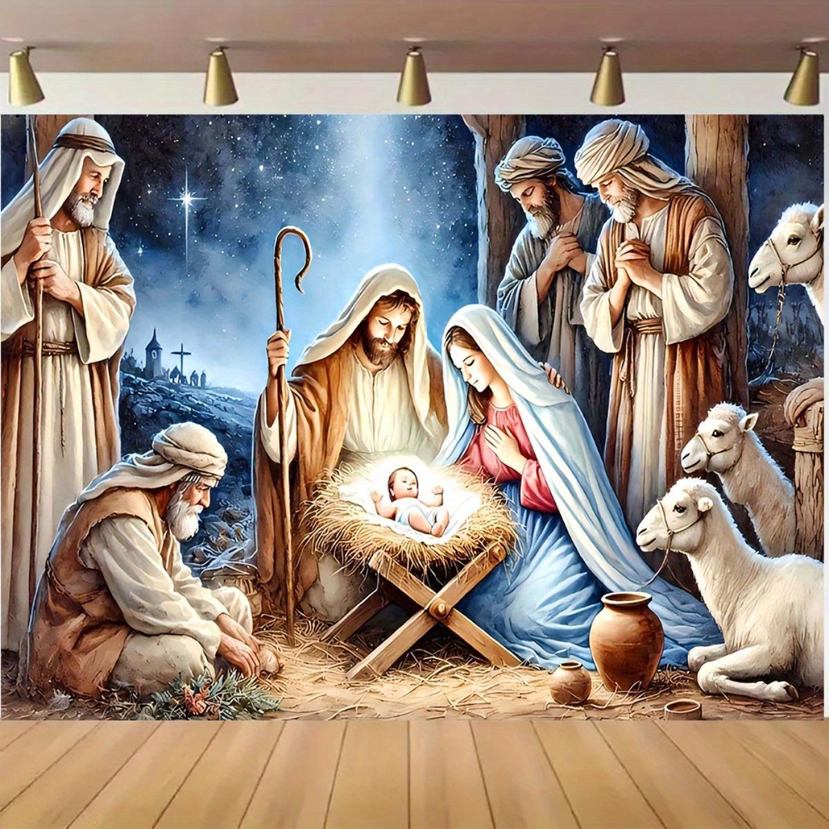 Large Nativity Scene Banner Durable Polyester Christmas Backdrop with Mary Joseph Youngsters Jesus Shepherds & Animals Indoor Outdoor Church Decor Wedding Birthday Graduation Party Photo Backdrop Event Backdrop Traditional Nativity Scene