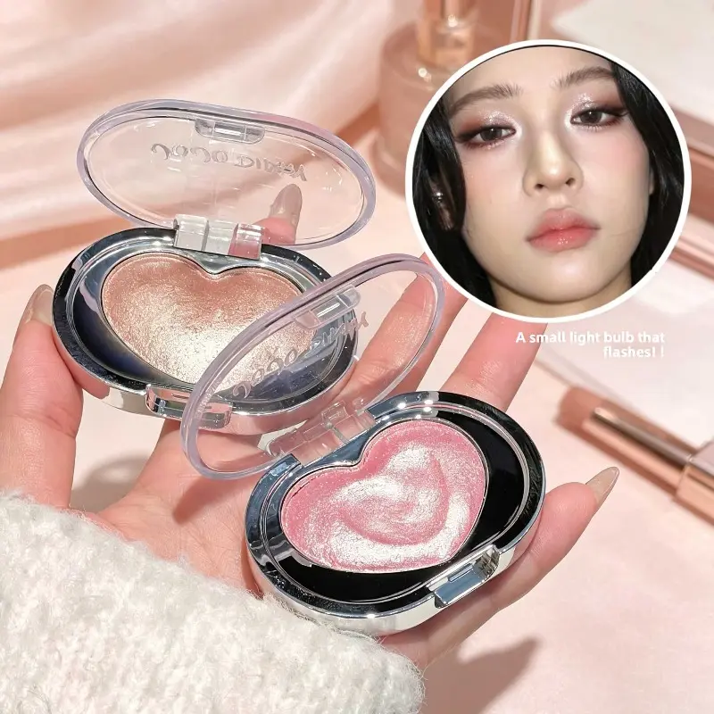 Heart Shaped Shimmer Highlighter Powder, Champagne/Satin Pink/Silver White Fine Glitter, Dazzling Diamond Pearl Finish, Facial Contour Highlight for Daily & Stage Makeup, Friendly for Beginners