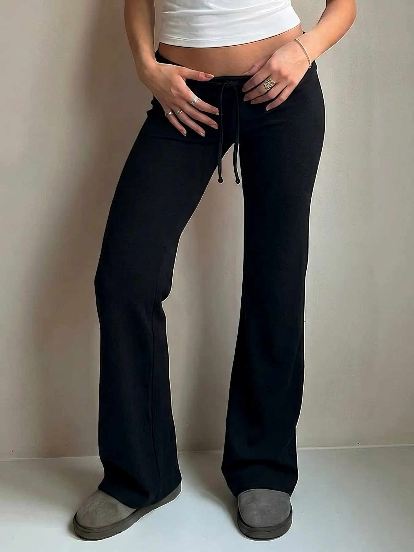 Women Y2K Low Rise Drawstring Flare Pants Elastic High Stretch Casual Bootcut Trousers Slim Fit Vintage Going Out Daily Wear Long Pants