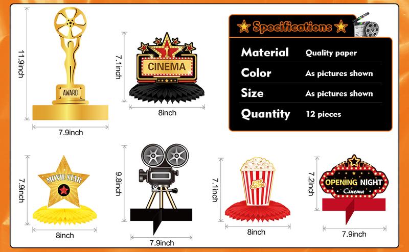 12 Pieces Movie Night Party Decorations Supplies Movie Theater Honeycomb Centerpiece 3D Microphone Ticket Star Video Paper Centerpiece Sign Table Decoration for Theater Birthday Party Favors