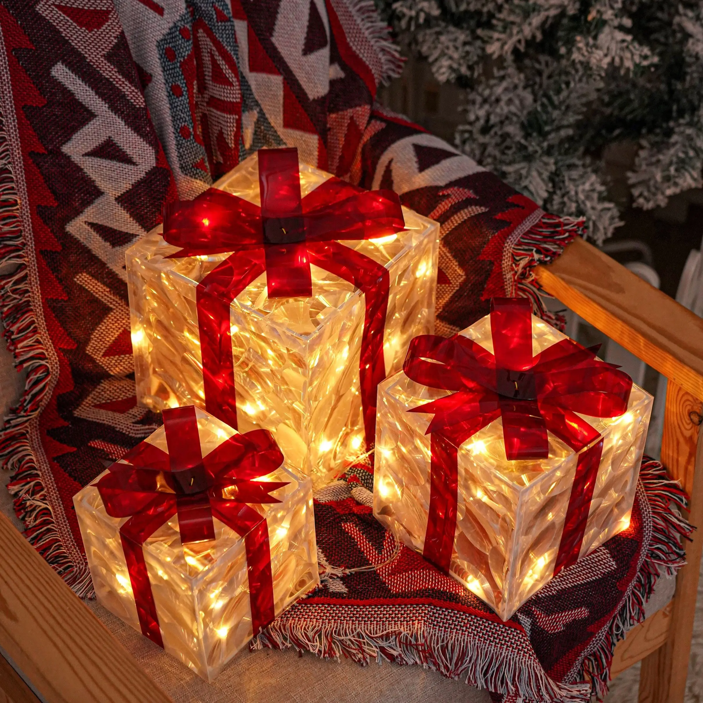 3 Piece Lighted Christmas Gift Box Set with Remote, Festive Ribbon, Indoor/outdoor, Bright Gift Boxes, Tree, Yard, Home Decor, Festive Home Decoration