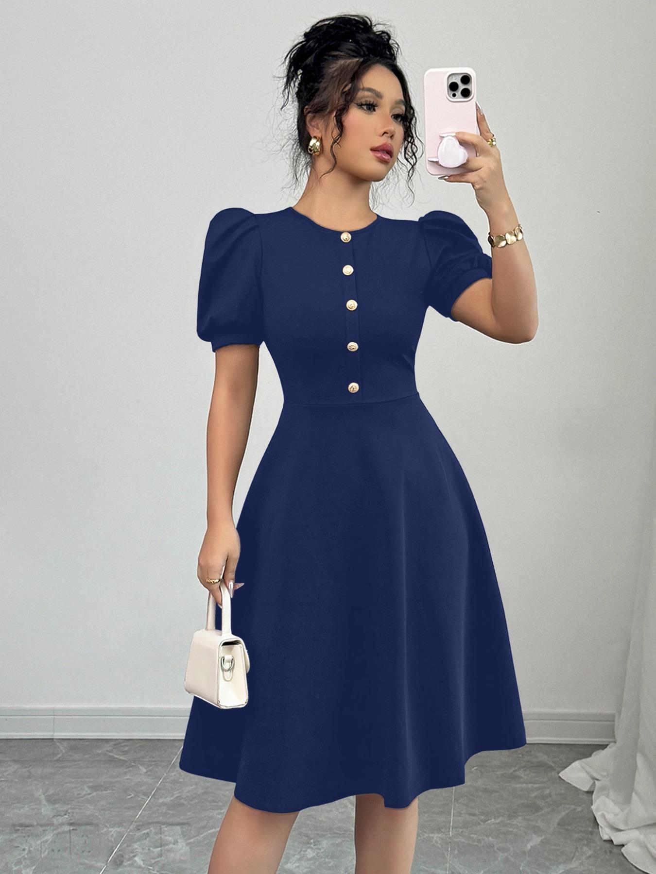Women's Plain Button Decor Elegant Dress, Elegant Fashion Casual Dress for Daily Outdoor Wear, Women Dress for Summer, Womenswear
