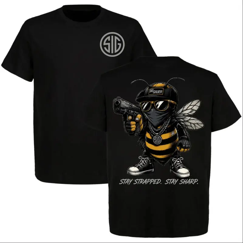 Graphic - T-Shirt SIG Sauer Bee Stay Strapped Stay Sharp, Funny Tactical Gangster Bee Graphic Tee, Gun Lover Meme Shirt, Edgy Streetwear Casual Unisex Short Sleeve Top, Black Vintage Style Apparel, Tactical Fan Gift for Men & Women