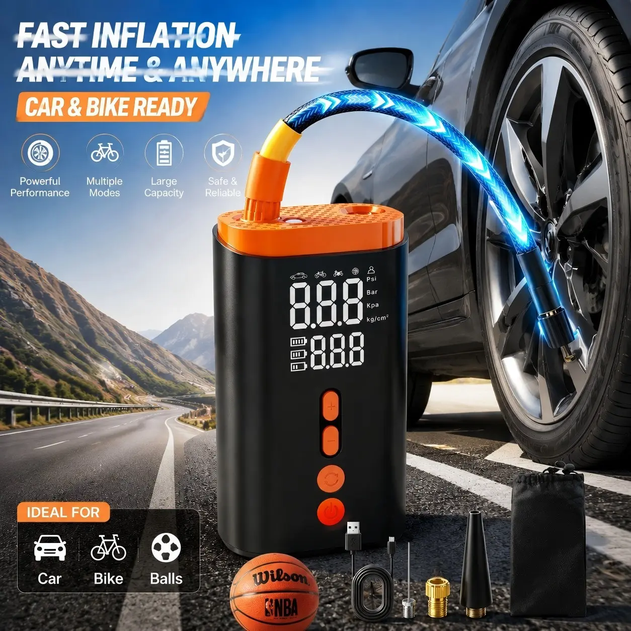 Portable & Compact Wireless Tire Inflator Pump Digital Air Compressor Quick Fill Inflator with LED Light, Emergency Bike Pump & Car Tire Inflator, USB-C Rechargeable, Lightweight Air Pump for Bicycle, Motorcycle, Balls–Perfect Father Gift