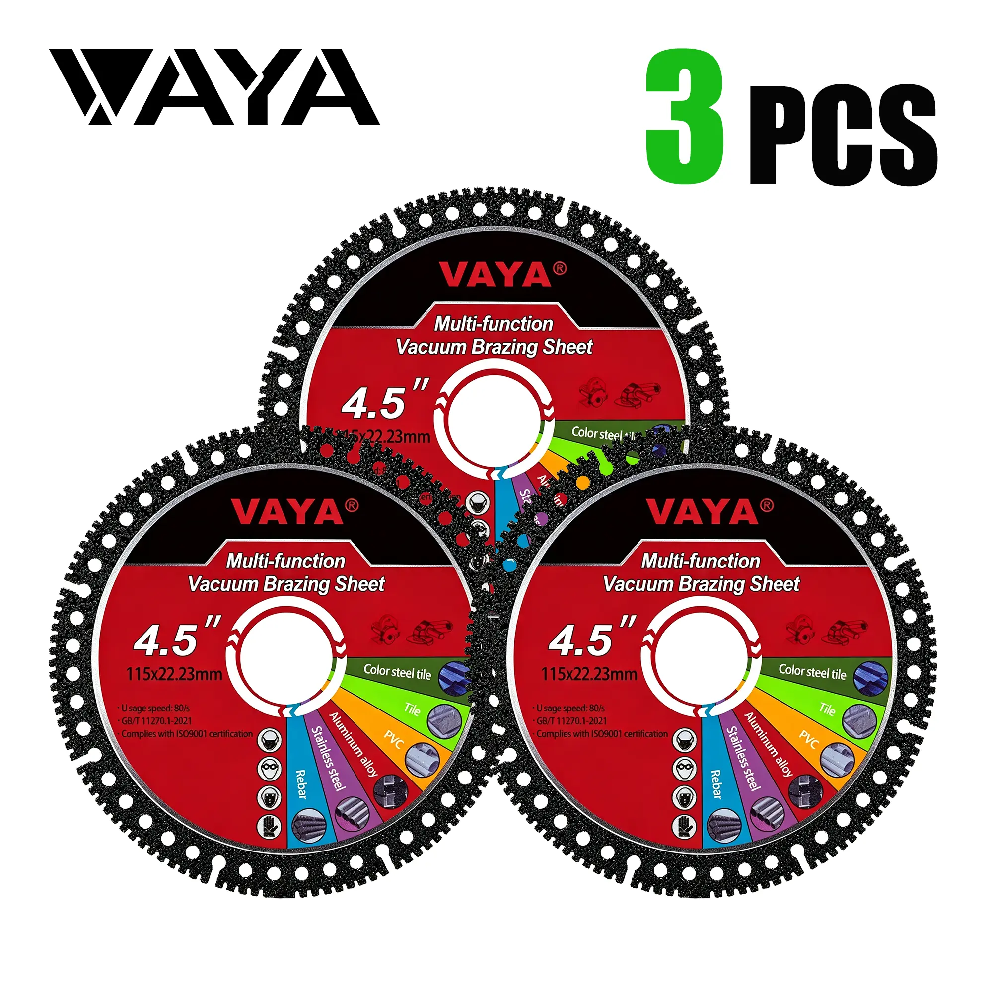 VAYA 4.5" 3PCS Multi-functional Diamond Tile Cutting Blades, Angle Grinder Saw Blades for Outdoor Use, Ultra-Thin Dry Cutting Tool Abrasive Discs for Marble Tile Ceramic