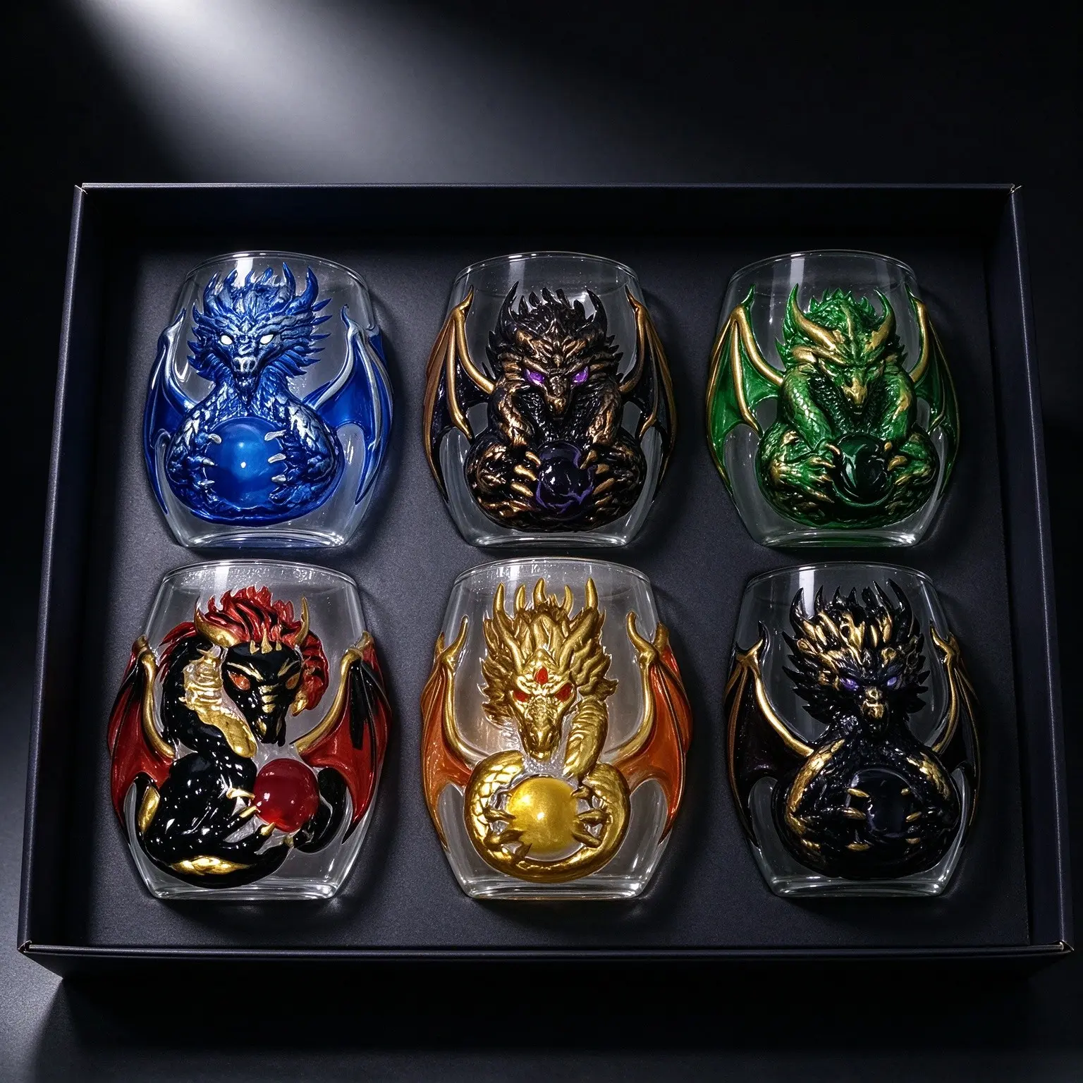 Mythic Dragon Embossed Glass Cup Set of 6, Hand Painted Fantasy Dragon Tumbler, Drinkware, Home Bar Decor, Collectible Gift for Whiskey Cocktail