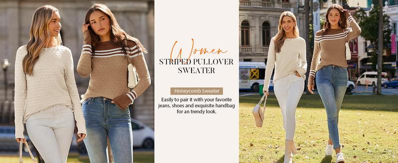PASLTER Women Autumn Winter Colorblock Pullover Sweaters Round Neck Striped Slim Fitting Knitwear Tops Crewneck Womenswear