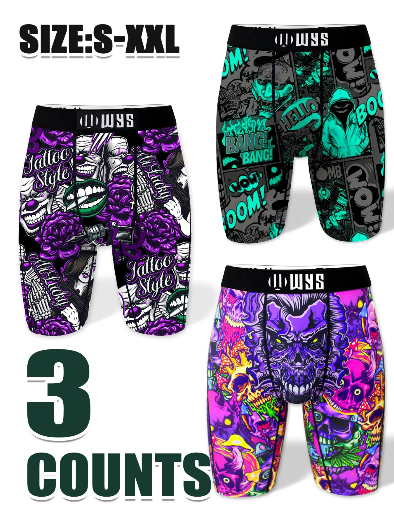 3pcs Men's Long Sport Underwear, Halloween Trendy Joker Print, Elastic Moisture-Wicking, Comfortable Quick-Dry Casual Briefs, Printed Underwear