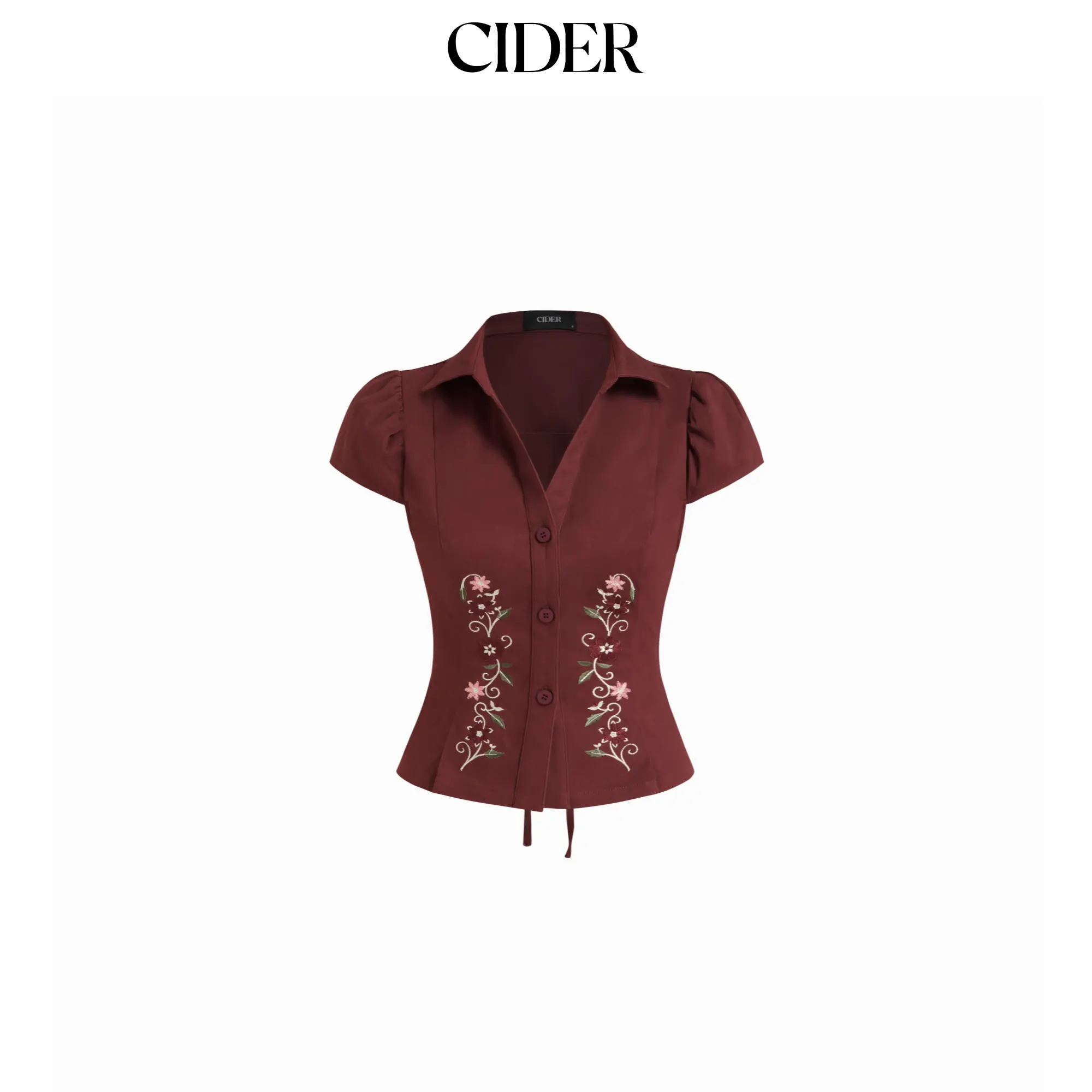 Cider Cotton Floral Embroidery Puff Sleeve Blouse