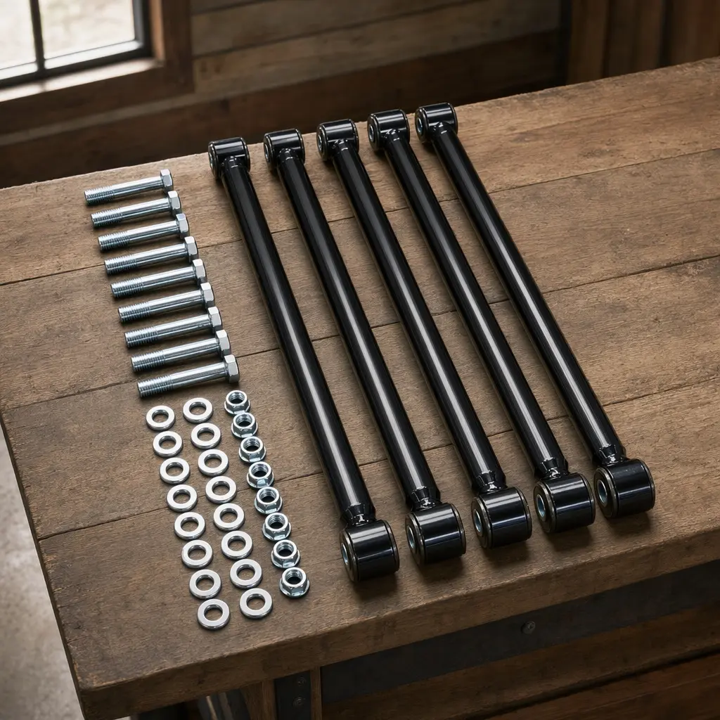 Universal Weld-On Rear 4-Link Suspension Kit - 24-Inch Heavy-Duty Steel Bars, Parallel Layout, Adjustable Rod Ends, Black Plated Steel, Complete Bolt & Nut Set for Rat Rods, Trucks, Air Ride Systems