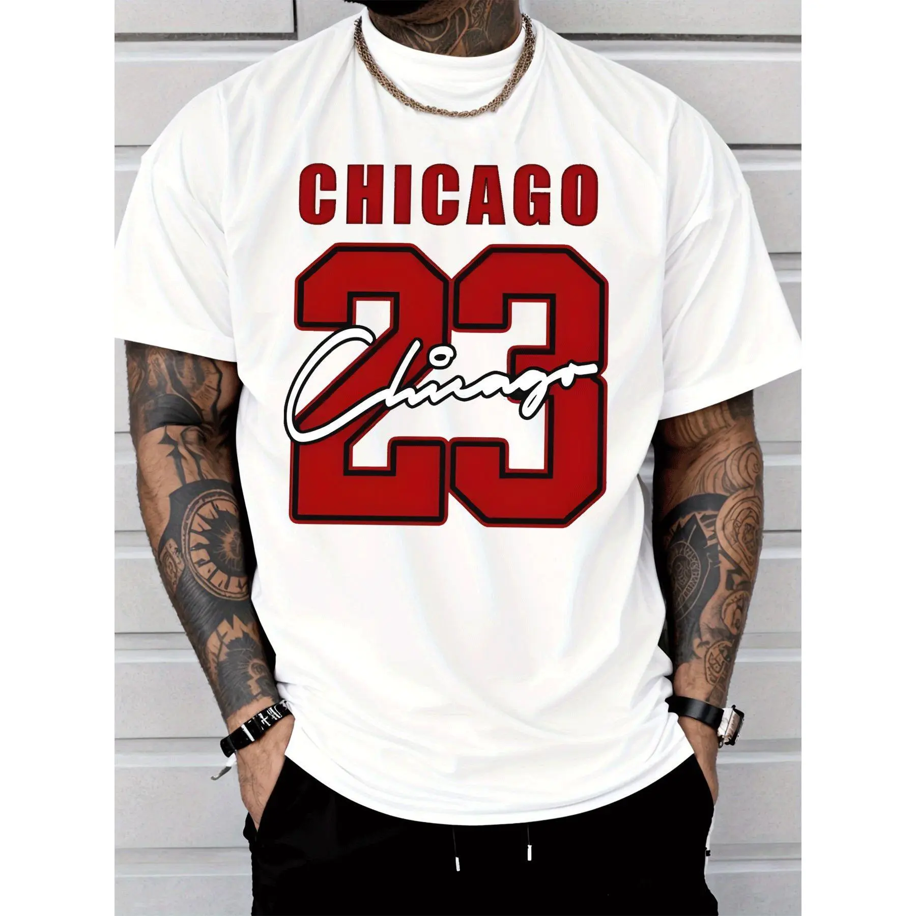 Men'S Short-Sleeve Stylish Casual Streetwear T-Shirt Featuring The Word 'CHICAGO', a Red Number 23, And a White Signature Design, Suitable for Everyday Wear, Outings, And