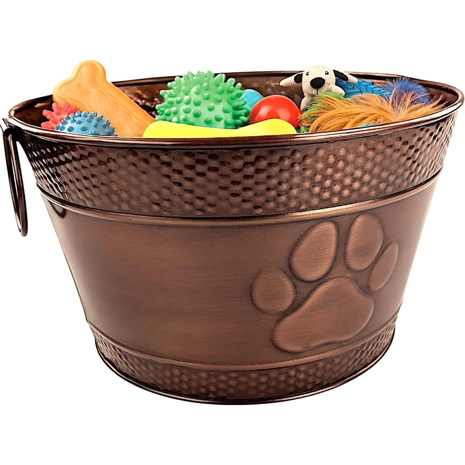 Lead-Free Copper-Steel Indestructible Dog Toy Bin, Metal Pet Storage Basket with Handles - Farmhouse Print Household Organizer for Dog Toys, Blankets, Leashes
