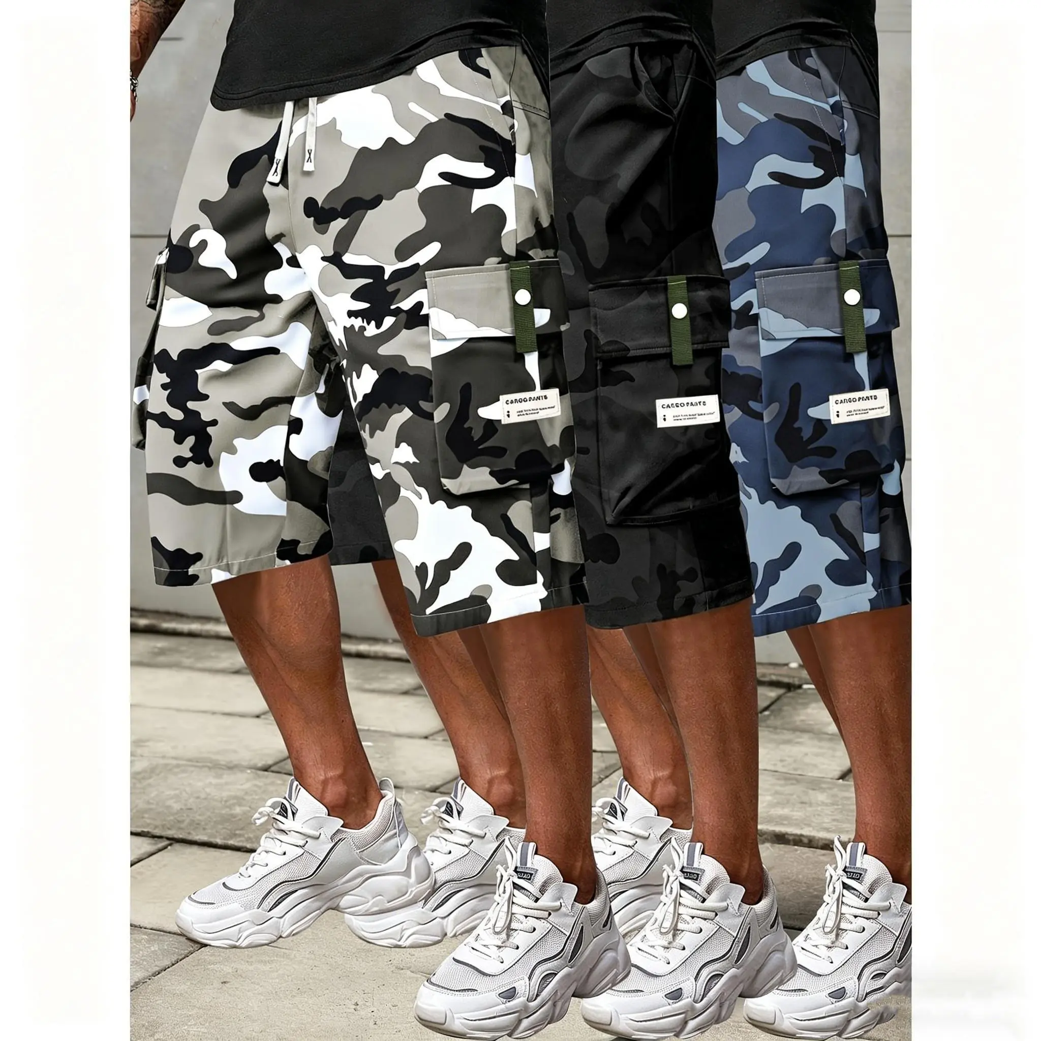 Men's 3-Pack Tactical Camo Cargo Shorts, Adjustable Elastic Drawstring Waist, Multiple Utility Pockets, Durable Summer Bottoms for Outdoor & Daily Use
