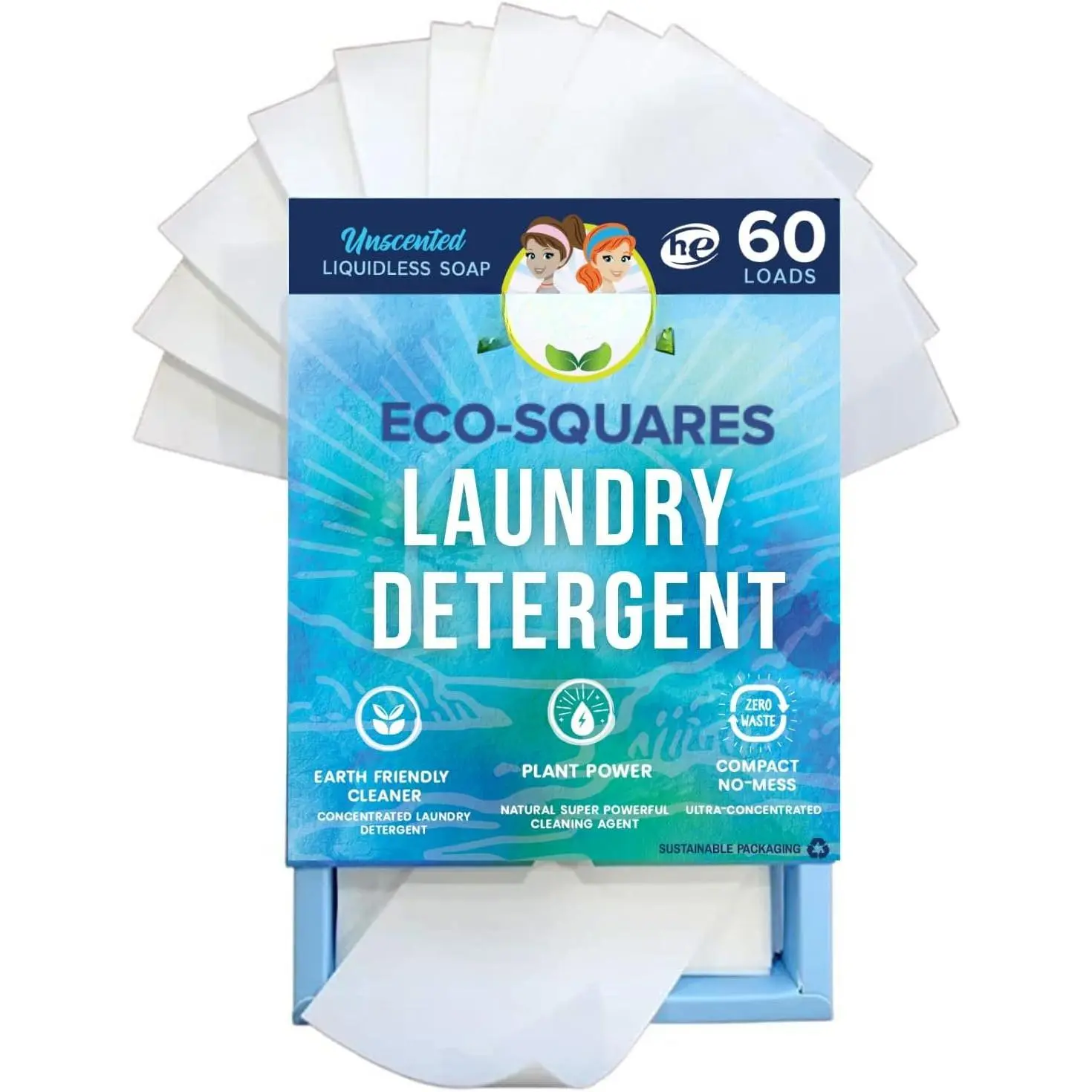 Eco-Squares laundry detergent sheets with zero  dry soap technology for cleaning linen and clothes in regular and  top or front load washing machines, Unscented