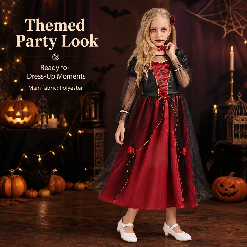 Kids Vampire Queen Cosplay Dress, Halloween Rose Princess Costume For Party Stage Show