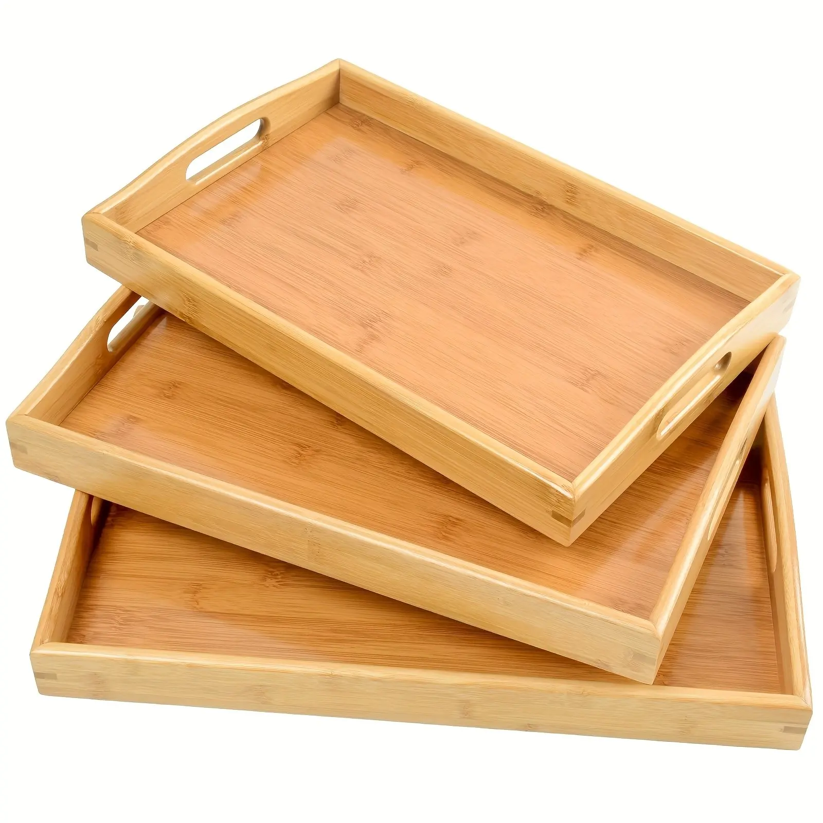 Bamboo 3-Pack Serving Tray Rustic Wooden Serving Trays Kitchen Food Tray with Handle - Rectangular Platters for Entertaining, Breakfast, Coffee Table, Home Decor