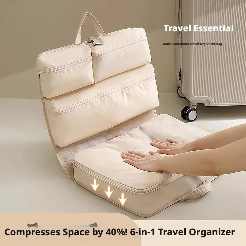 Portable Travel Compression Packing Cubes Set (6-Piece) - All-Travel Use, Compact Fold, Hanging Layout, Waterproof Poly, Lock Buckle, Organized Clothes Storage for Suitcase Luggage