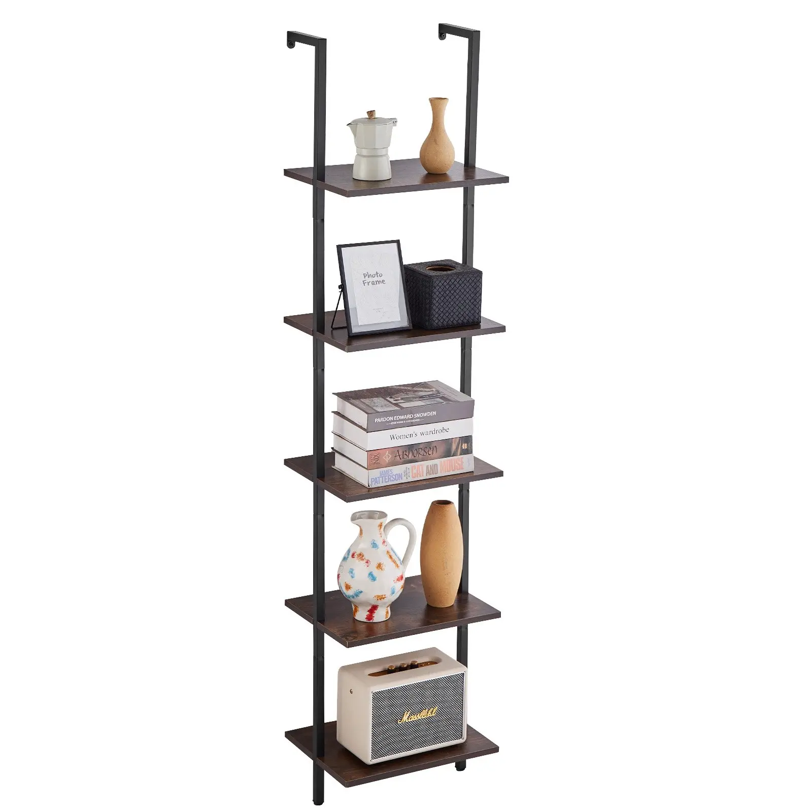 VEVOR Ladder Shelf, 5-Tier Bookshelf 15.6x11.8in, Open Wall-Mounted Ladder Shelf with Metal Frame, Storage Rack Sundries Holder for Kitchen Bedroom Bathroom Living Room, Black