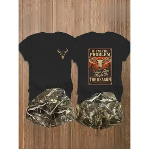 Women's 2Pack Western Bull Print Short Sleeve TShirt Camo Shorts Set Soft Casual Fabric Daily Streetwear Loungewear MultiColor Options Black Beige Pink White Purple Red