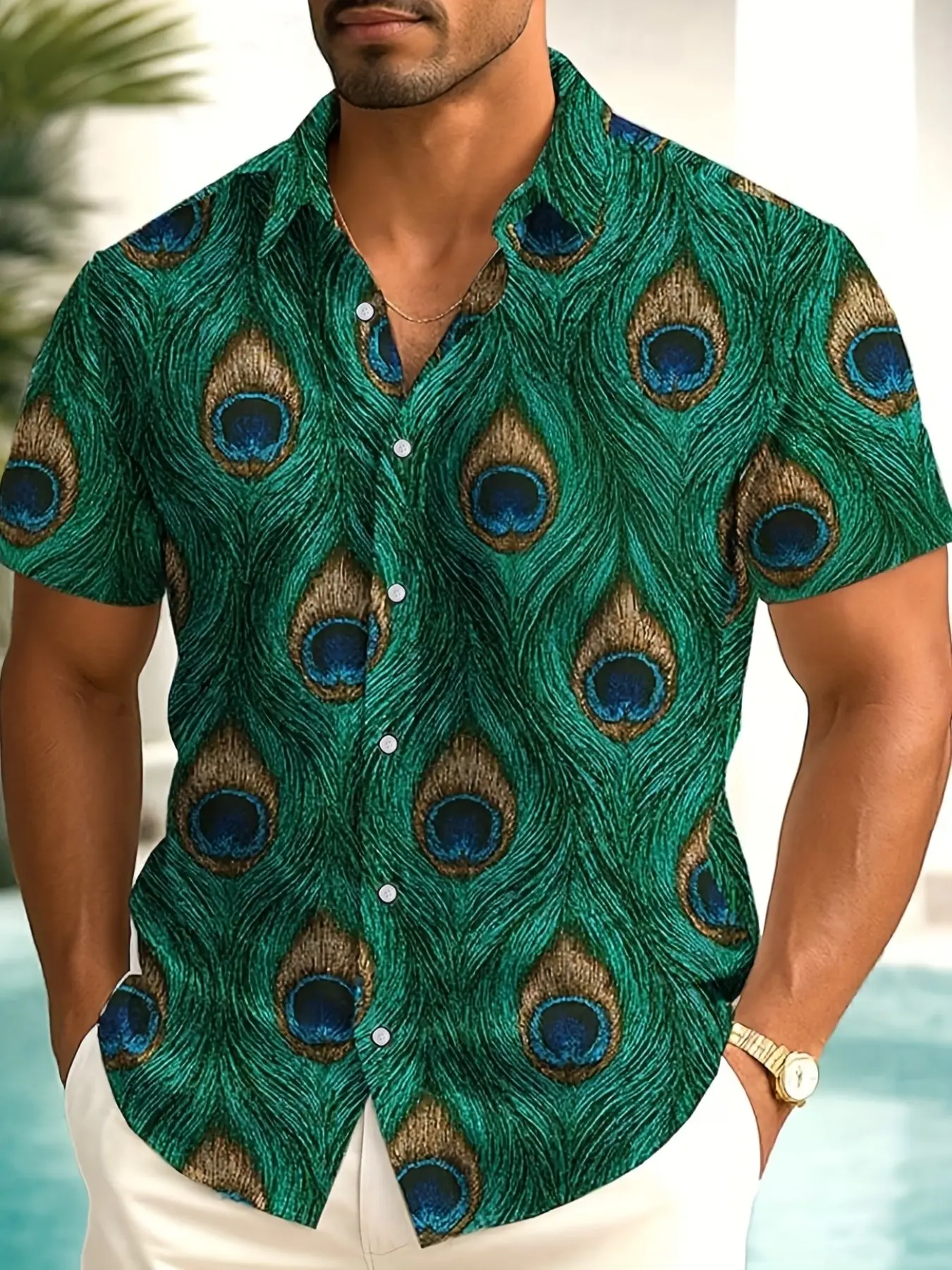 Men's Peacock Pattern Short Sleeve Shirt, Summer Casual Graphic Blouse, Beachwear, Fashion Trendy Men's Clothing