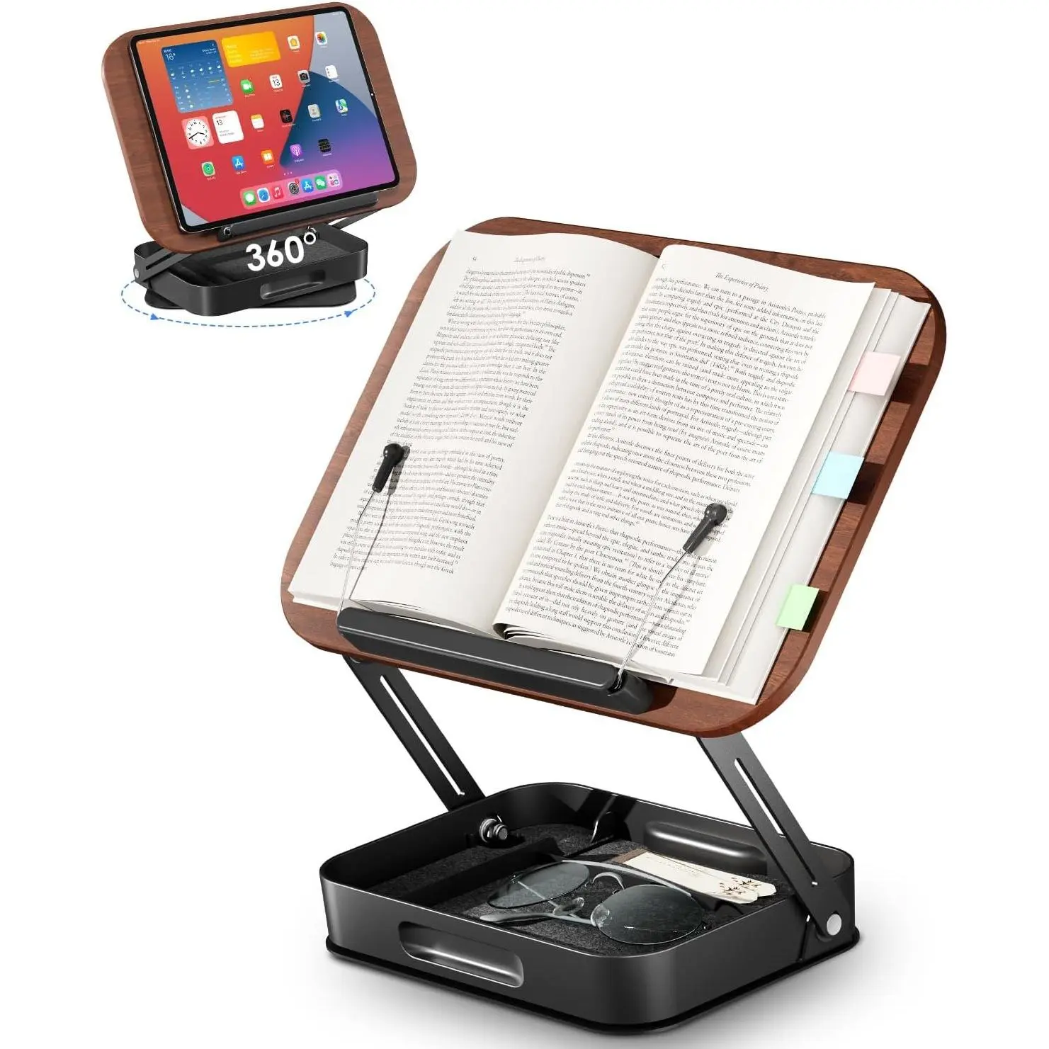 360° Rotating Ergonomic Book Stand for Reading - Adjustable Wood Book Holder for Neck Pain Relief, for Heavy Textbooks & Cookbooks, No-Assembly Hands-Free Stand for Students & Home Office