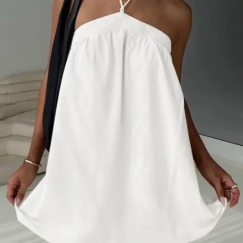 Women's Solid Color Halter Neck Dress, Minimalist Tie Back Dress, Casual Sleeveless A-Line Dress for Summer, Ladies Clothes for Beach & Holiday, Casual Elegant Dresses
