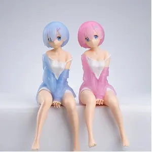 Re: Zero Starting Life Figurine Set, Lazy Sitting Pose, Gradient Sleepwear, Blue- Hair, 14cm PVC, Desktop & Car Decor, Anime Collectibles