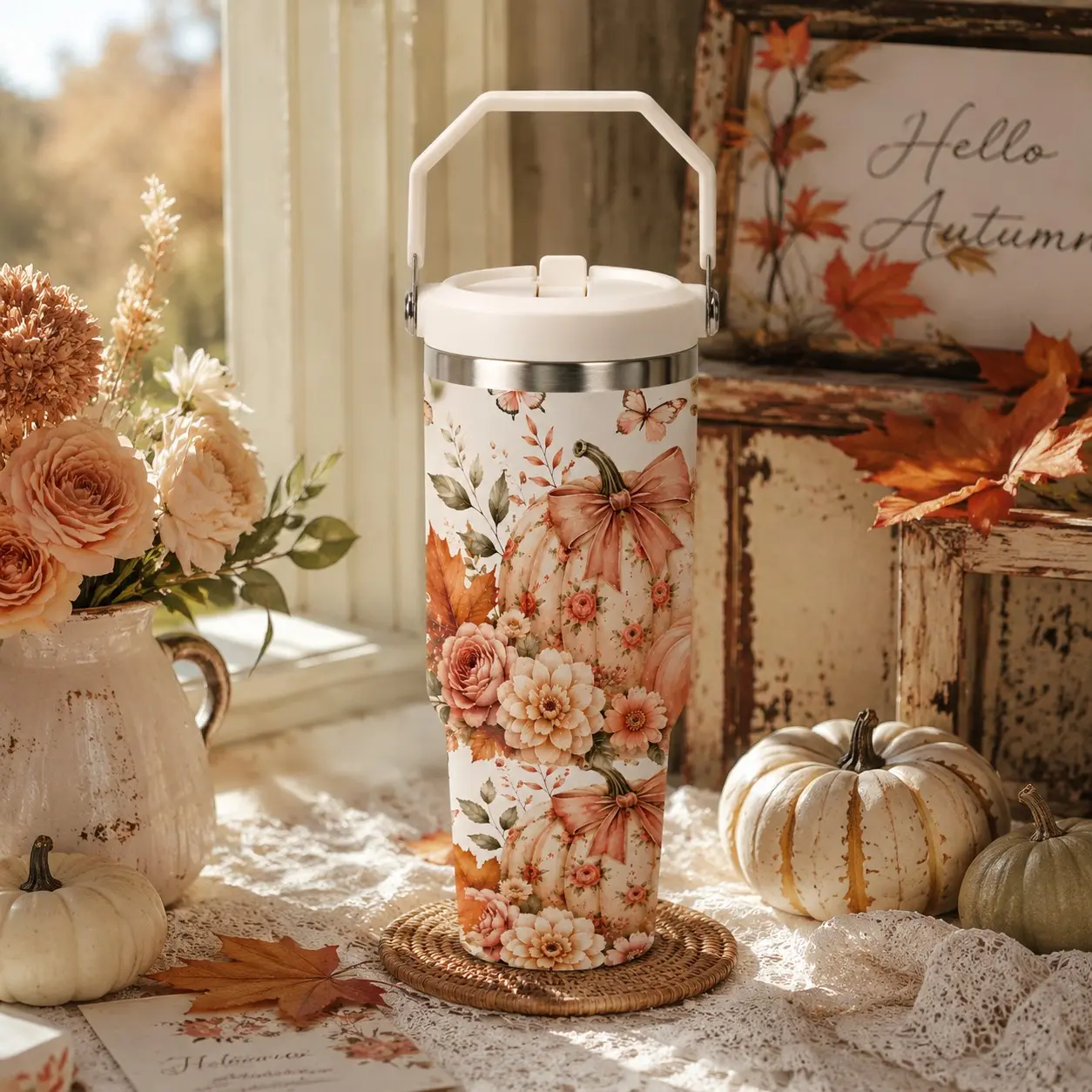 30oz Autumn Coquette Pumpkin & Floral Patterned Stainless Steel Tumbler with Handle, Double-Wall Vacuum Water Bottle, Fall Season Travel Coffee Mug Gift for Her, Thermal Flask