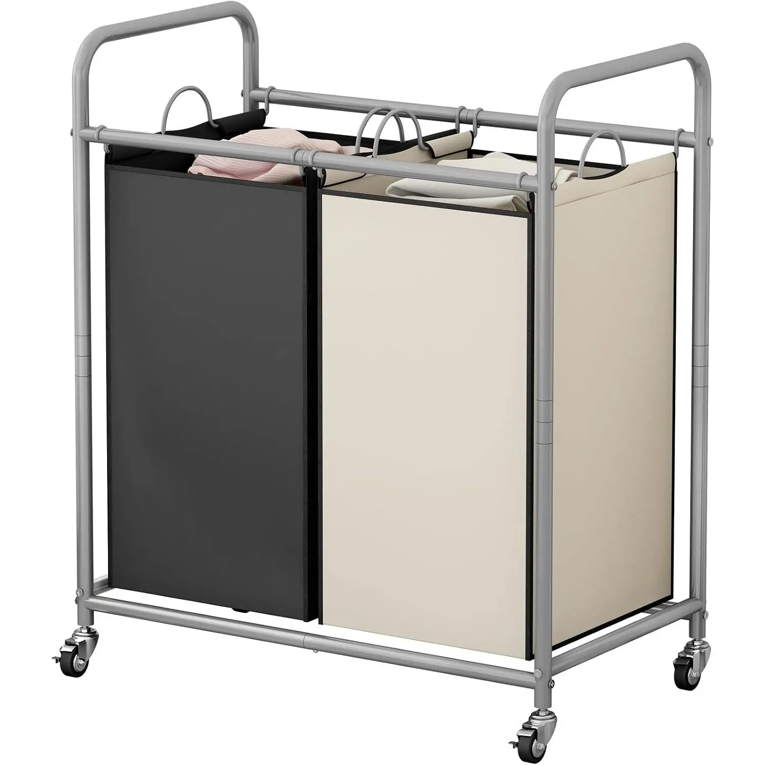 Laundry Sorter Basket 2 Bag Laundry Hamper Cart with Rolling Lockable Wheels and Removable Bags Laundry Organizer Cart for Clothes Storage,  | Rolling Laundry Basket Laundry Sorter 2 section for Dirty Clothes in Laundry Room or Small Spaces,