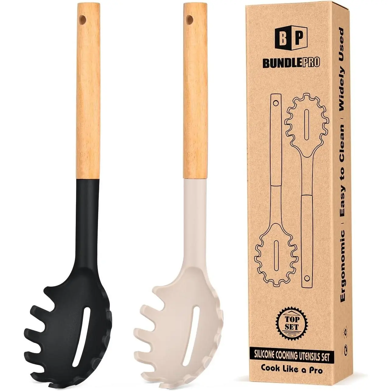 Pack of 2 Spaghetti Spoon Silicone Pasta Fork with Wooden Handle Heat Resistant BPA Free Noodle Spoon Server Spaghetti Strainer BLACK-KHAKI