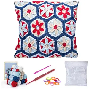 Crochet Kit for  or Intermediate Beginner DIY Granny Square Pillow with Step by Step Tutorial Video and Detailed Instruction Complete Kit Craft Supplies Holiday  for Adults and