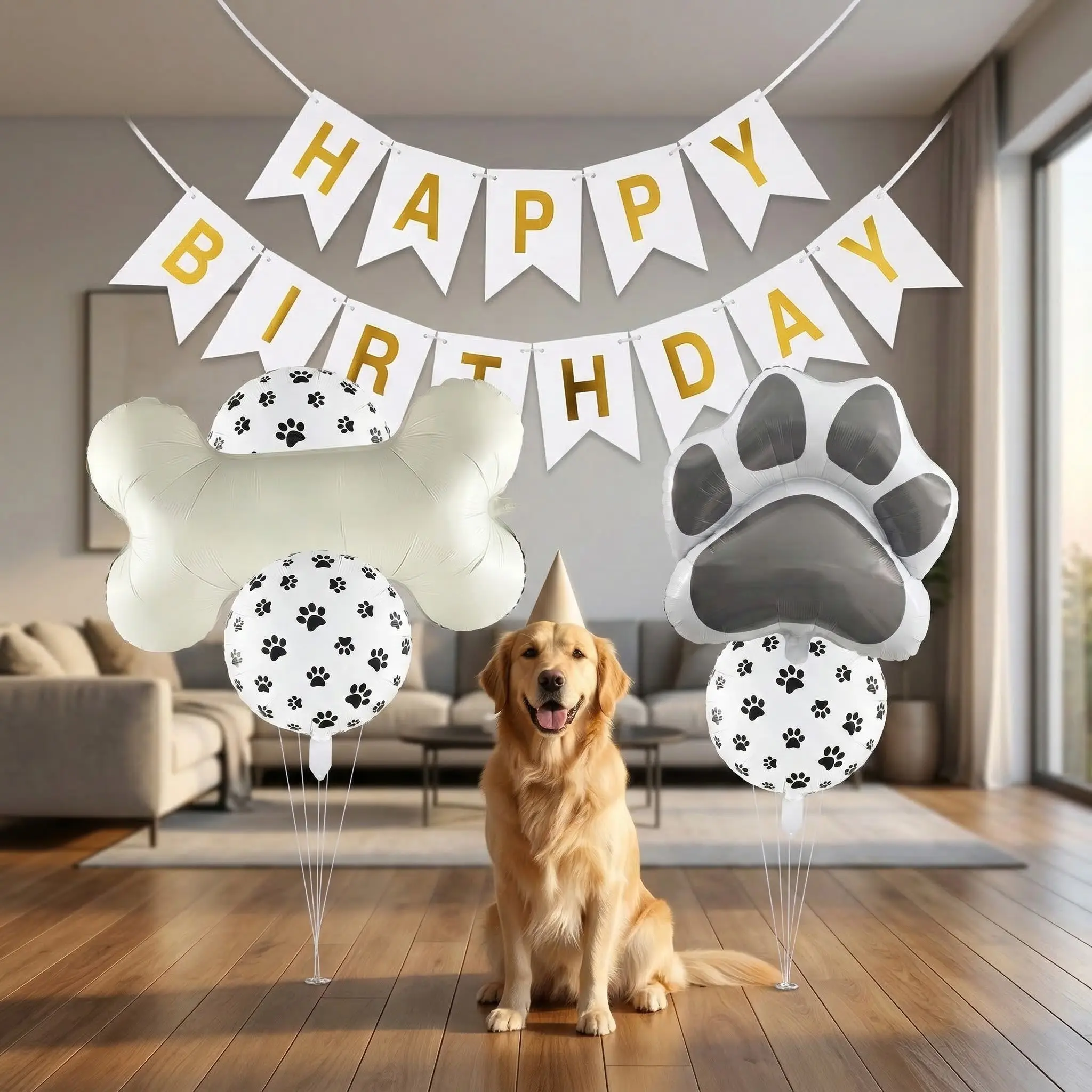 Dog Birthday Party Decor Set, 2pcs Paw Shape Foil Balloons, 2pcs 18in Paw Print Balloons, Happy Birthday Banner, Ribbon & Straw, Party Event Props