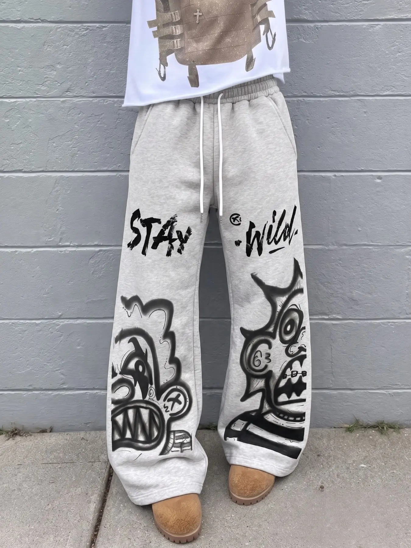 Soft Polyester Men Elastic Drawstring Wide Leg Sweatpants, STAY WILD Graffiti Cartoon Monster Print Casual Trousers, Gauchos Pants Smartypants, Pants Royal Ascot Outfits, Menswear Clothing, Ropa De Hombre, Uomo Mens Clothing, Hip Hop Y2K Streetwear Bottom
